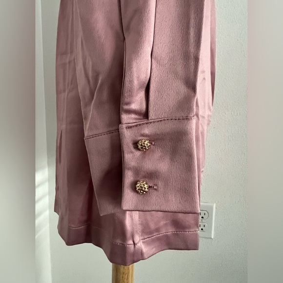 Pink Satin Long Sleeve Collared Button Front Shirt Dress- Size Small - Picture 8 of 10